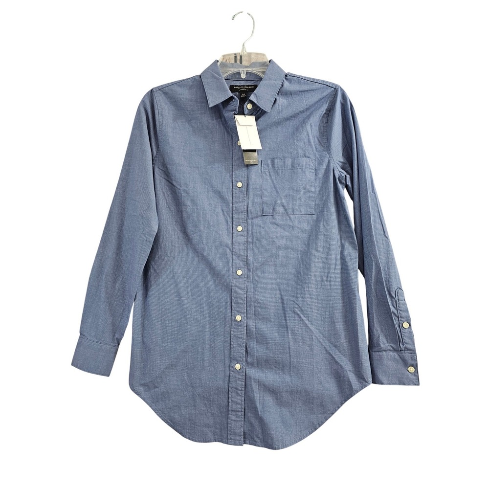 Banana Republic Button Down Women XS Blue Solid Boyfriend Fit Stretch Shirt NEW